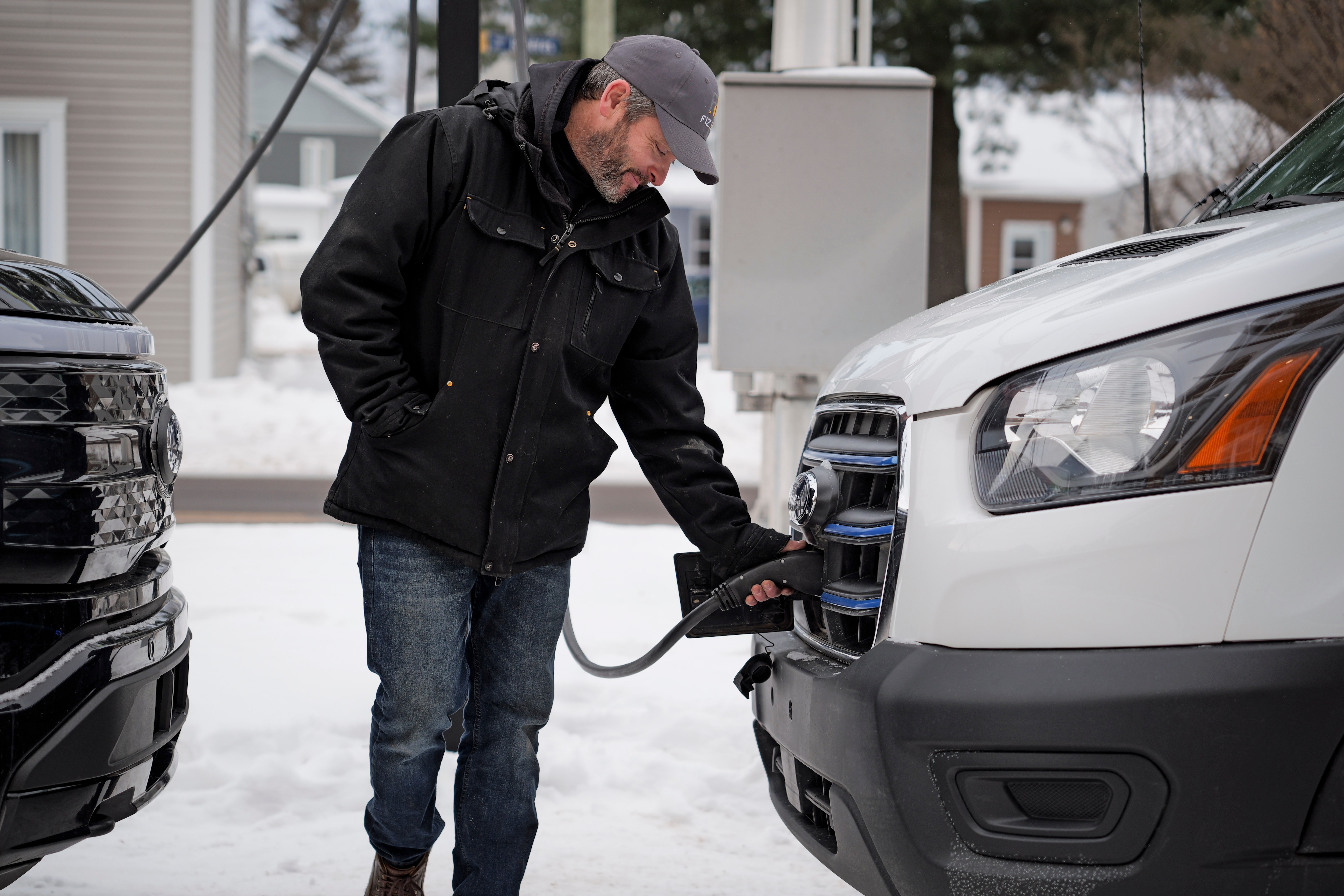 Alain Fiset of Fize Electrique uses Ford Pro E-Telematics to track EV range and efficiency. Even in the winter, the E-Transit vans have plenty of capability to meet his company's needs.